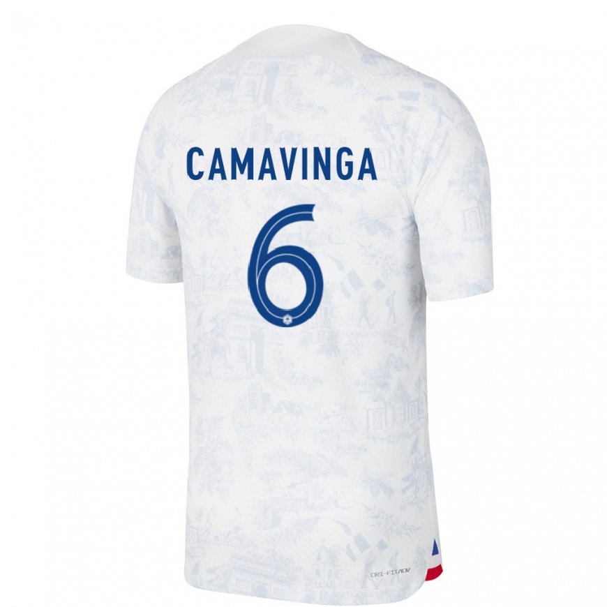 Kandiny Muži Francúzske Eduardo Camavinga #6 Biela Modrá Dresy Idegenbeli Csapatmez 22-24 Triĭká