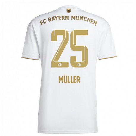 Kandiny Deti Thomas Muller #25 Biele Zlato Dresy Idegenbeli Csapatmez 2022/23 Triĭká