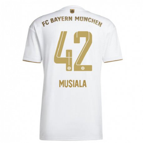 Kandiny Deti Jamal Musiala #42 Biele Zlato Dresy Idegenbeli Csapatmez 2022/23 Triĭká