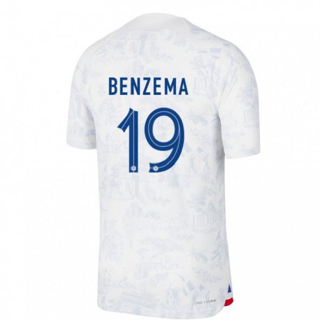 Kandiny Deti Francúzske Karim Benzema #19 Biela Modrá Dresy Idegenbeli Csapatmez 22-24 Triĭká