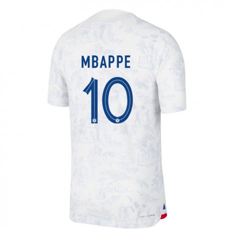 Kandiny Muži Francúzske Kylian Mbappe #10 Biela Modrá Dresy Idegenbeli Csapatmez 22-24 Triĭká