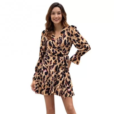 Leopard tlač Sexy Šaty s dlhým rukávom